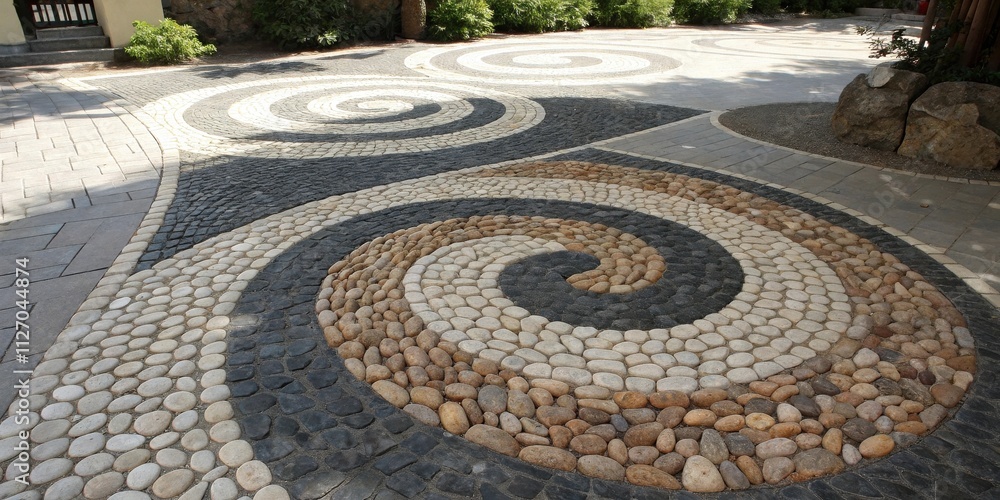 Poster a winding pathway of smooth stones creating a spiral pattern, showcasing the intricate artistry of c