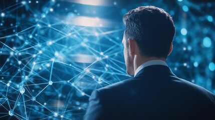 Businessman analyzing a complex network of connected lines, visual representation of global data flow and communication