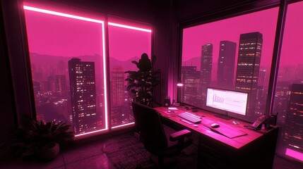Neon Lit Night Cityscape from High Rise Window