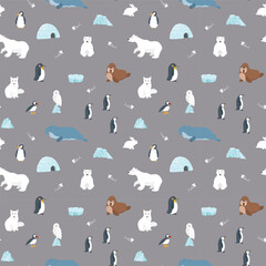 Polar animals seamless pattern. Cute Cartoon arctic animals background. Vector Illustration.