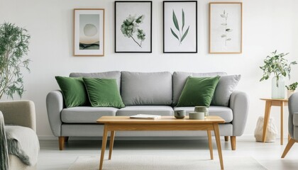 Modern Living Room Interior Design Gray Sofa Green Pillows Wooden Coffee Table Botanical Prints