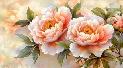 A delicate vintage inspired watercolor pattern featuring intricate peonies and green leaves in soft, pastel colors