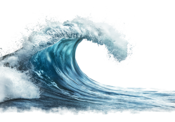 Water wave isolated on a white background, water splash in the air, clean and minimalistic with copy space for text.