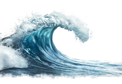 Water wave isolated on a white background, water splash in the air, clean and minimalistic with copy space for text.