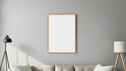 A modern poster mockup displayed on wooden clips hanging on a white wall at home, showcase, decor
