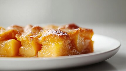 Peach cobbler with crumb topping on white plate.