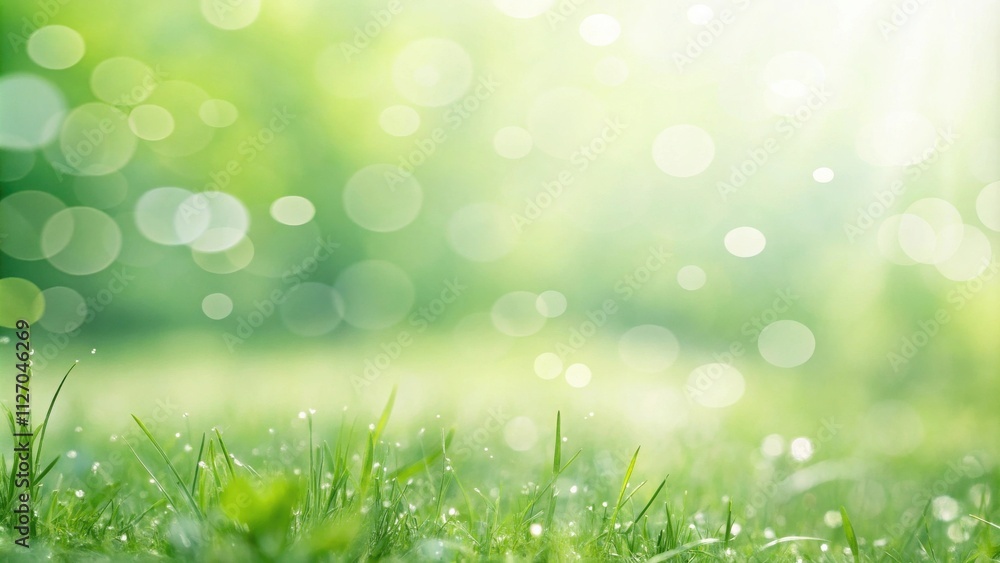 Aufkleber fresh green grass blades with dew drops and a soft blurred background of sunlight and green leaves