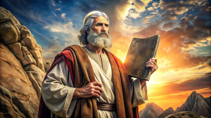 Obraz premium Prophet Moses holds the tablets with the ten commandments on sunset background