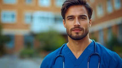 Fototapeta premium Healthcare professional poses outside a medical facility, wearing scrubs and a stethoscope, reflecting commitment to patient well-being and health