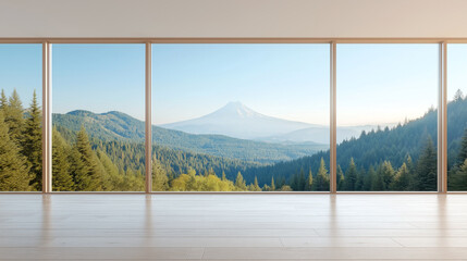 serene view of mountain landscape through large windows, showcasing lush green forests and clear blue sky. peaceful atmosphere invites relaxation and tranquility