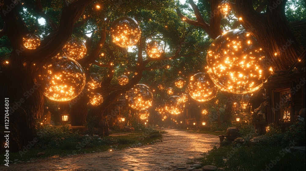 Aufkleber a mystical pathway in a forest is illuminated by glowing orbs and lanterns, creating a serene, magic