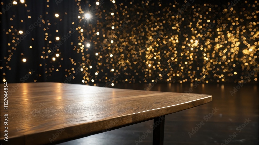 Poster A wooden table top against a backdrop of golden bokeh lights, creating a warm and festive atmosphere.
