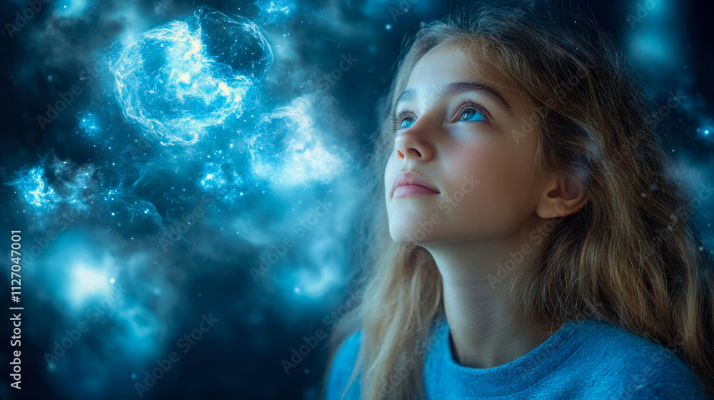 Poster a child with long hair looks up in awe, captivated by a luminous cosmic display of blue colors and s