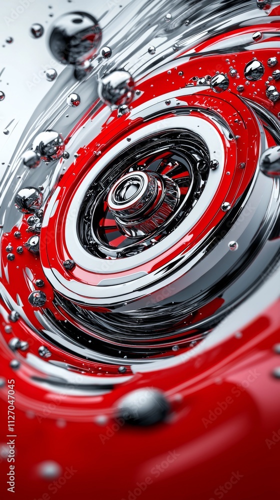 Poster swirling metal and water create dynamic patterns in a vivid red backdrop during a creative art showc