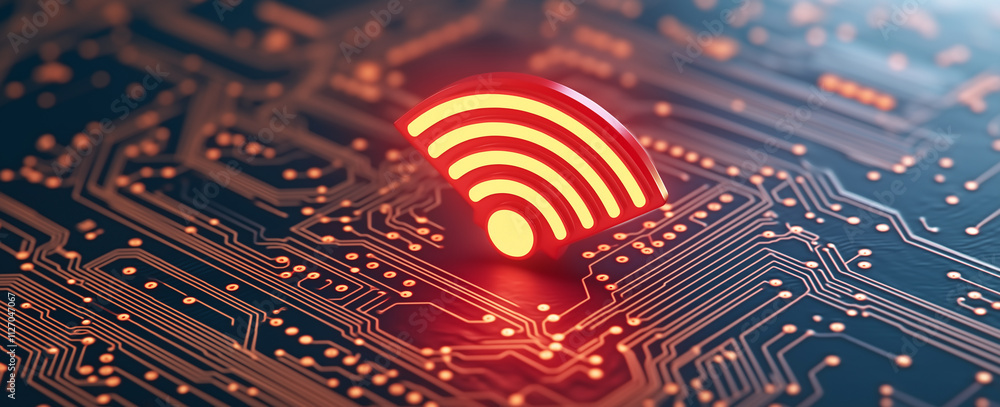 Aufkleber glowing red wireless signal icon on circuit board background, symbolizing connectivity and technolog