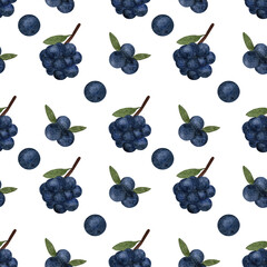 Blueberry watercolor Seamless pattern on a white background. Watercolor set with blueberries on branch. hand drawn watercolor painting blueberry on white background. Blueberries with leaves
