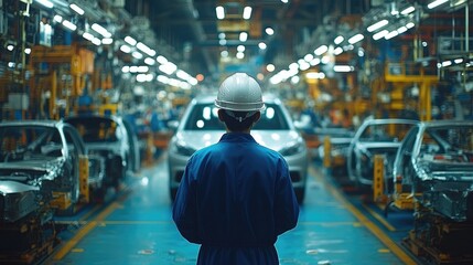 A worker in a hard hat watches over the vehicle assembly line filled with partially assembled cars and machinery in a bustling factory