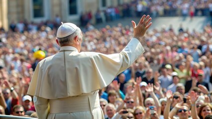 Pope standing back view with raised hand in front of crowd of greeting people