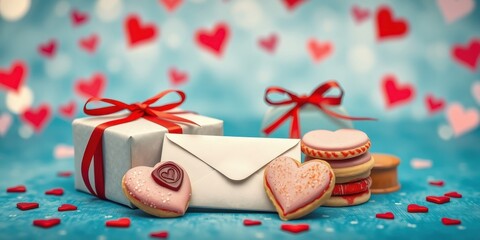 Romantic Valentine's Day scene with gifts and heart-shaped cookies