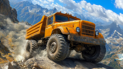 An off-road truck navigates steep rocky terrain in a mountainous area, surrounded by stunning vistas and bright blue skies