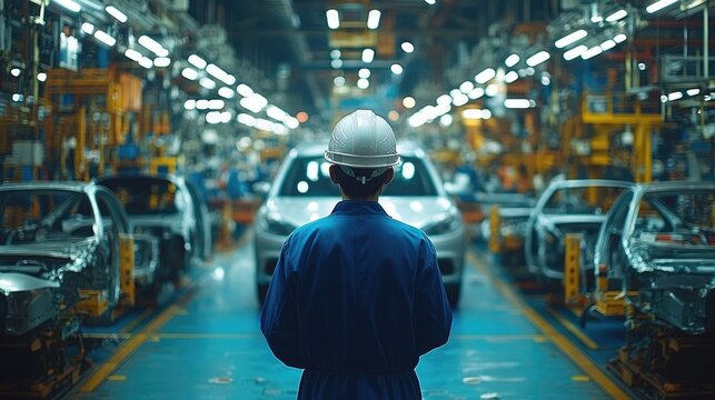 A worker in a hard hat watches over the vehicle assembly line filled with partially assembled cars and machinery in a bustling factory