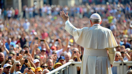 Pope standing back view with raised hand in front of crowd of greeting people