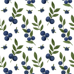 Blueberry watercolor Seamless pattern on a white background. Watercolor set with blueberries on branch. hand drawn watercolor painting blueberry on white background. Blueberries with leaves

