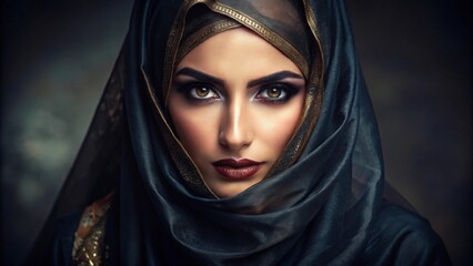 Naklejka premium Portrait of a beautiful arabic woman with make up in a dark veil or hijab