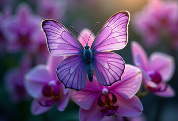 Fototapeta premium A vibrant purple butterfly delicately perched on a cluster of pink orchids bathed in soft sunlight.