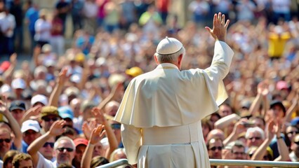 Pope standing back view with raised hand in front of crowd of greeting people
