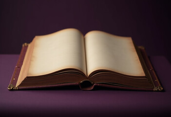 An open antique book with aged  creamy pages rests on a deep purple surface.