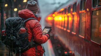 Obraz premium Backpacker Checking Train Schedule, Winter Travel, Commuter on Platform, Train Station