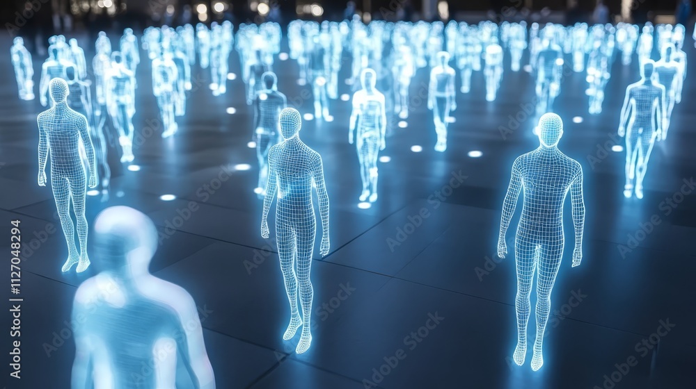 Poster pedestrians navigating a futuristic metropolis with towering structures and advanced transportation