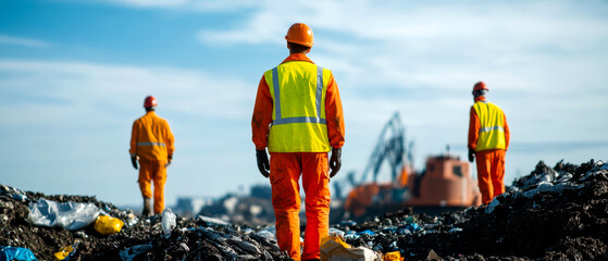 Workers in safety gear surveying a landfill, emphasizing the importance of waste management and environmental protection.