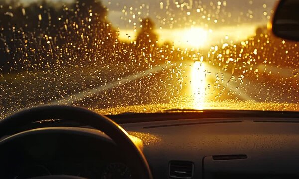 Golden Sunset Through Rain-Covered Windshield from Inside Car