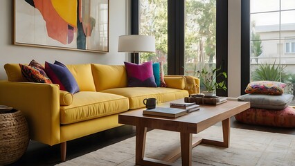 Minimalist home interior design of modern living room with a yellow sofa adorned with colorful cushions, wooden coffee table and minimalistic decor, bathed in natural light.