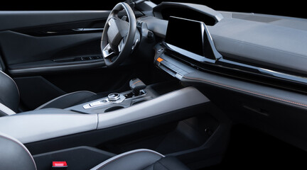 Black luxury modern car Interior. Steering wheel, shift lever and dashboard. Detail of modern car interior. Automatic gear stick. Part of leather seats with stitching