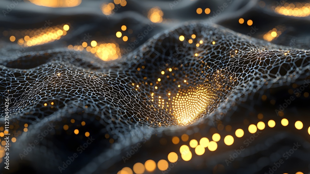 Fototapete A clean and dynamic mesh of interconnected translucent points glowing softly in muted hues.
