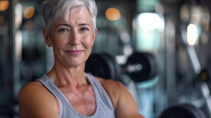 Fototapeta premium Image of a healthy older woman in a fitness setting. She has a confident smile and is gazing at the camera