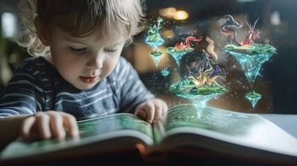 Fototapeta premium close-up shot of a child reading a book, with an imaginative landscape of floating islands and magical creatures forming above them, representing the intersection of reality and imagination 