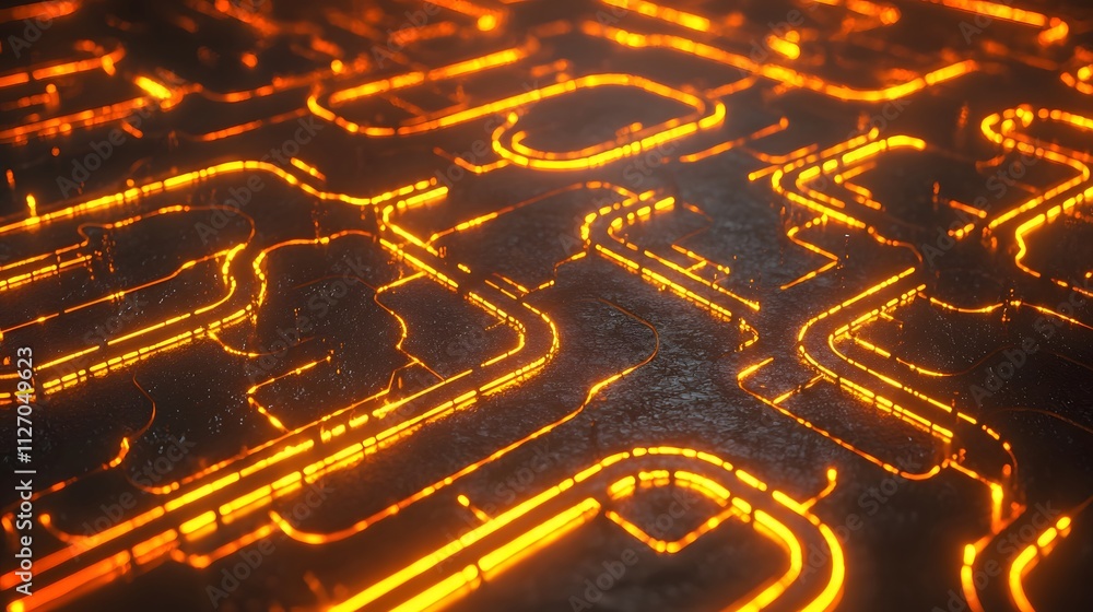 Aufkleber A symmetrical arrangement of glowing pathways forming an intricate seamless connection grid.