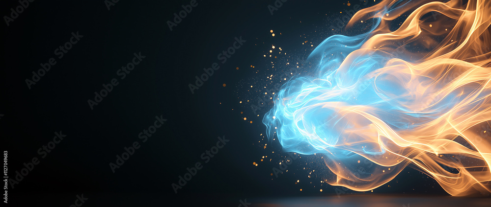 Poster vibrant explosion of blue and orange energy swirls dynamically, creating mesmerizing visual effect. 