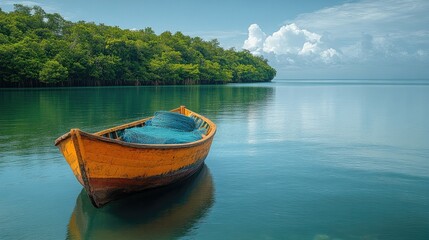 Obraz premium A serene boat floats on calm waters surrounded by lush greenery and a clear sky.