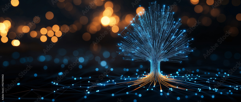 Poster glowing blue abstract tree with luminous branches and roots, set against blurred background of warm 