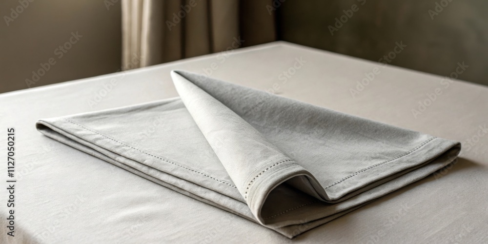 Poster a neatly folded grey linen napkin resting on a smooth tablecloth with a simple and elegant design.
