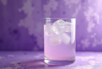 A glass of refreshing lavender colored beverage with ice cubes  set against a purple background.
