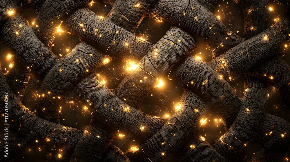 Poster a conceptual design of glowing spheres interwoven into a continuous, seamless texture.