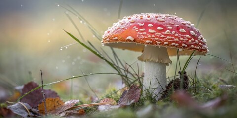 A Single Red Mushroom with White Spots Stands Tall in a Field of Green Grass and Fallen Leaves with Drops of Dew on Its Cap