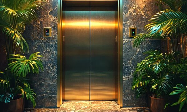 Modern elevator lobby with lush plants and elegant decor.