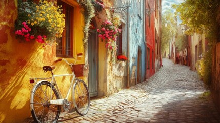 Vintage Bicycle Parked Against Colorful Wall in Charming Alley